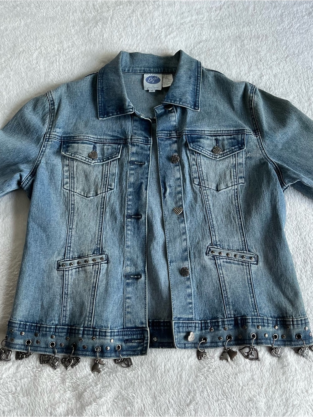 DG2 Diane Gilman Light Blue Studded Denim Jacket with Heart Charm Trim